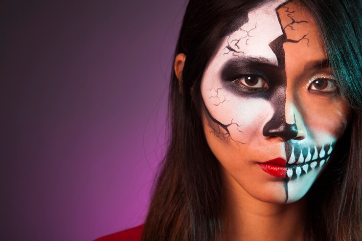 close up view girl with makeup halloween mask 23 2147701695